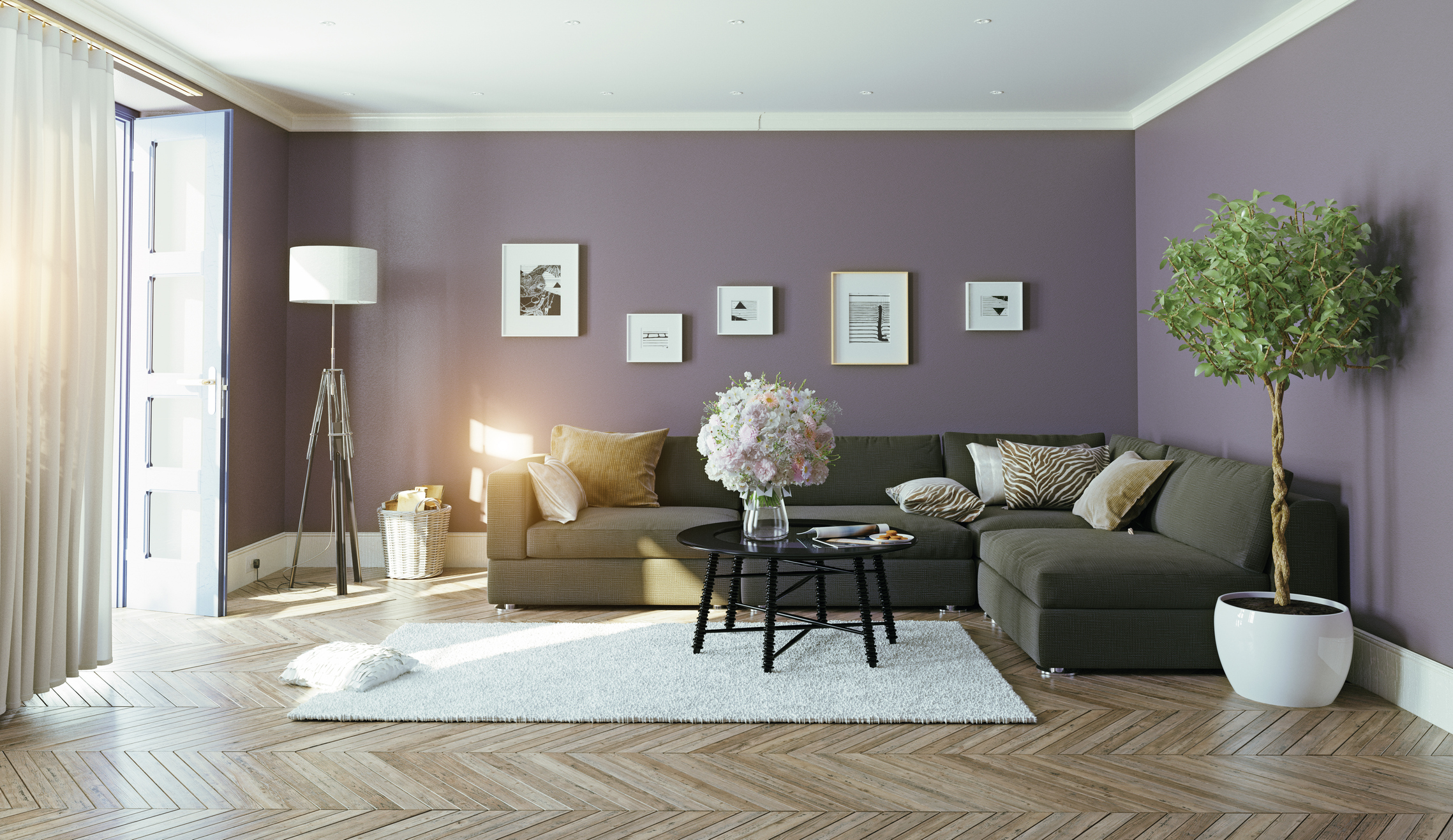 a living room with a couch and a table